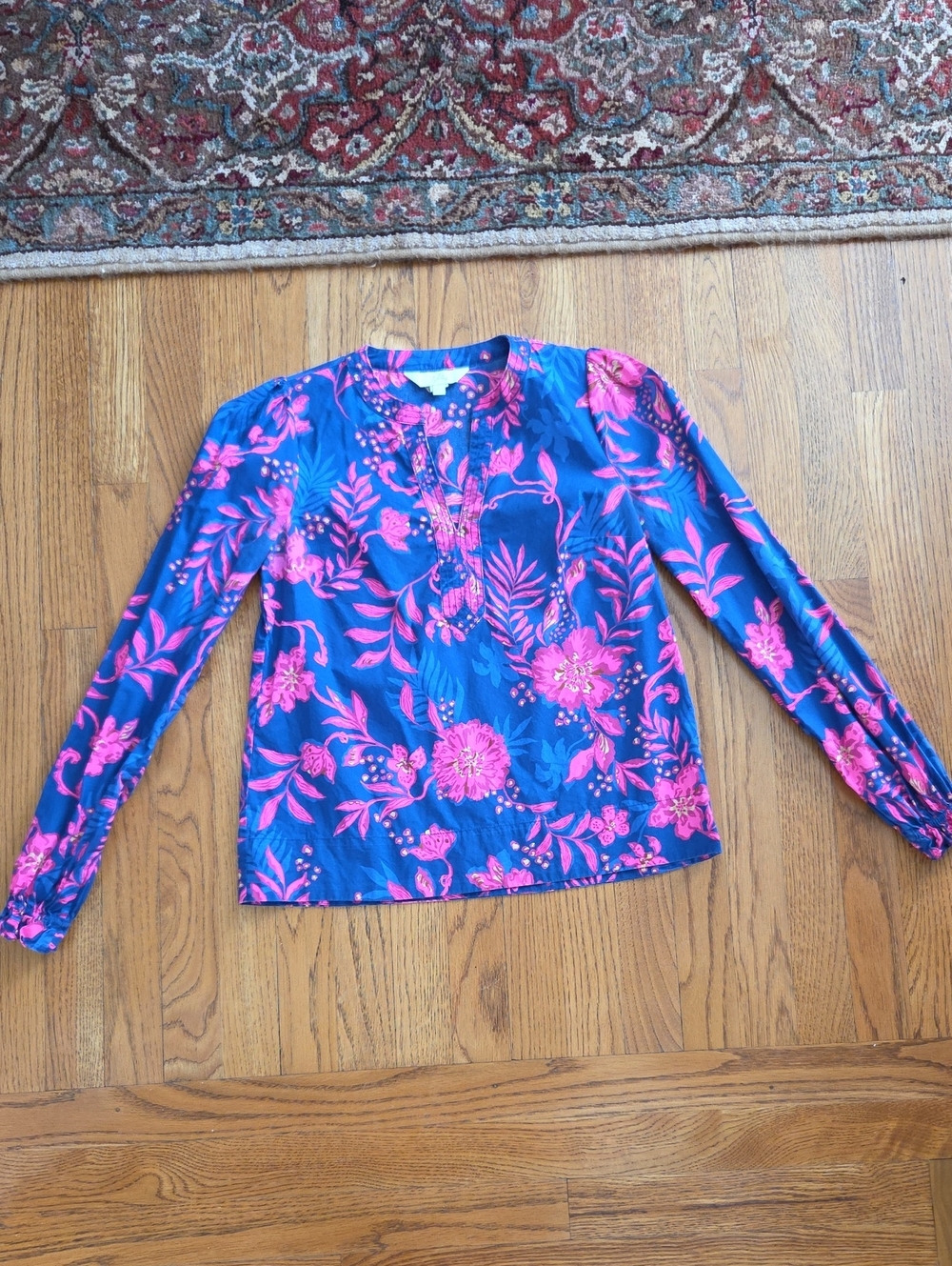 Lilly Pulitzer Blue Blouse with Pink Floral Print